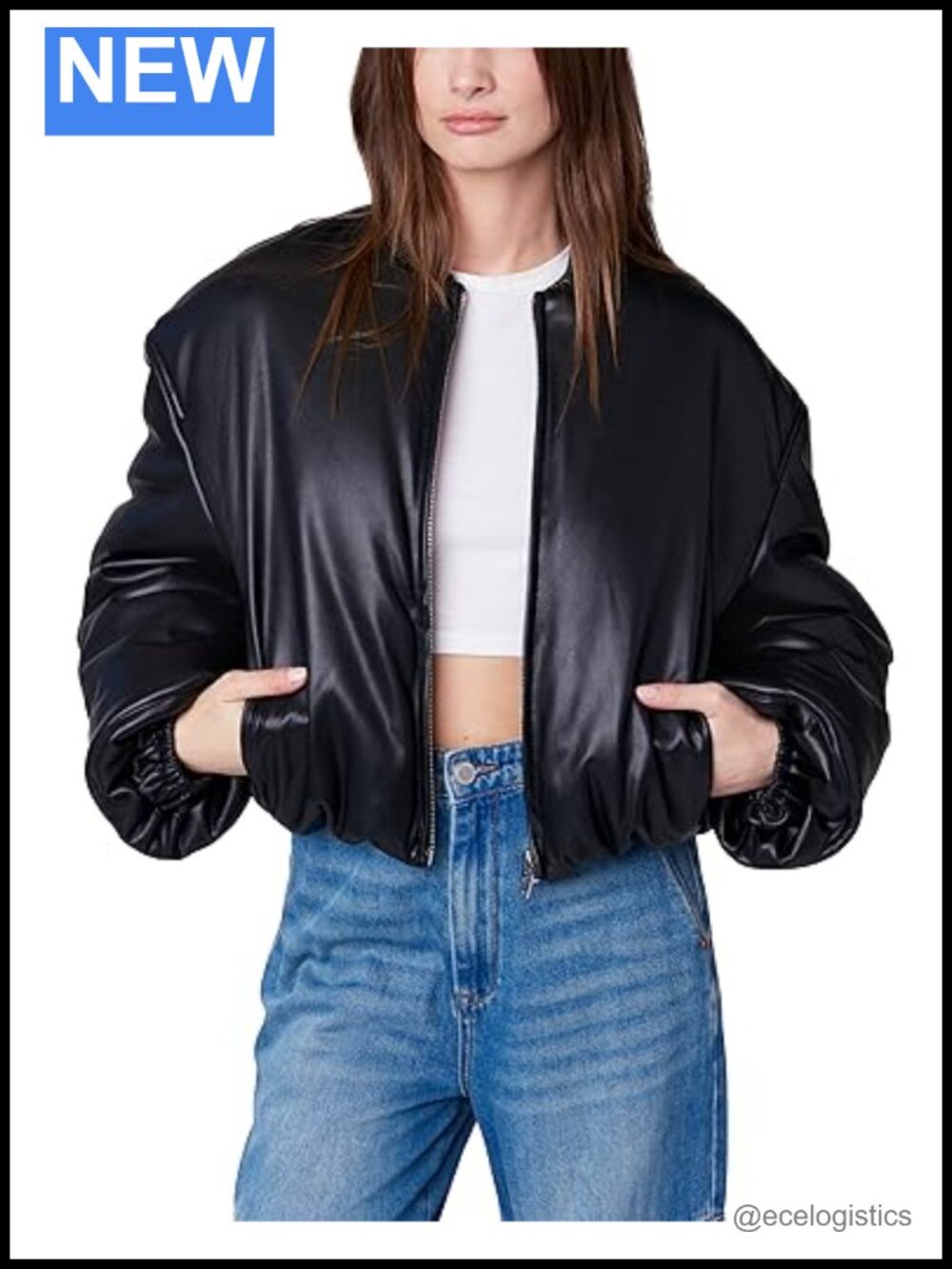 Women's Cropped Vegan Leather Bomber Jacket, Cuffed Sleeves